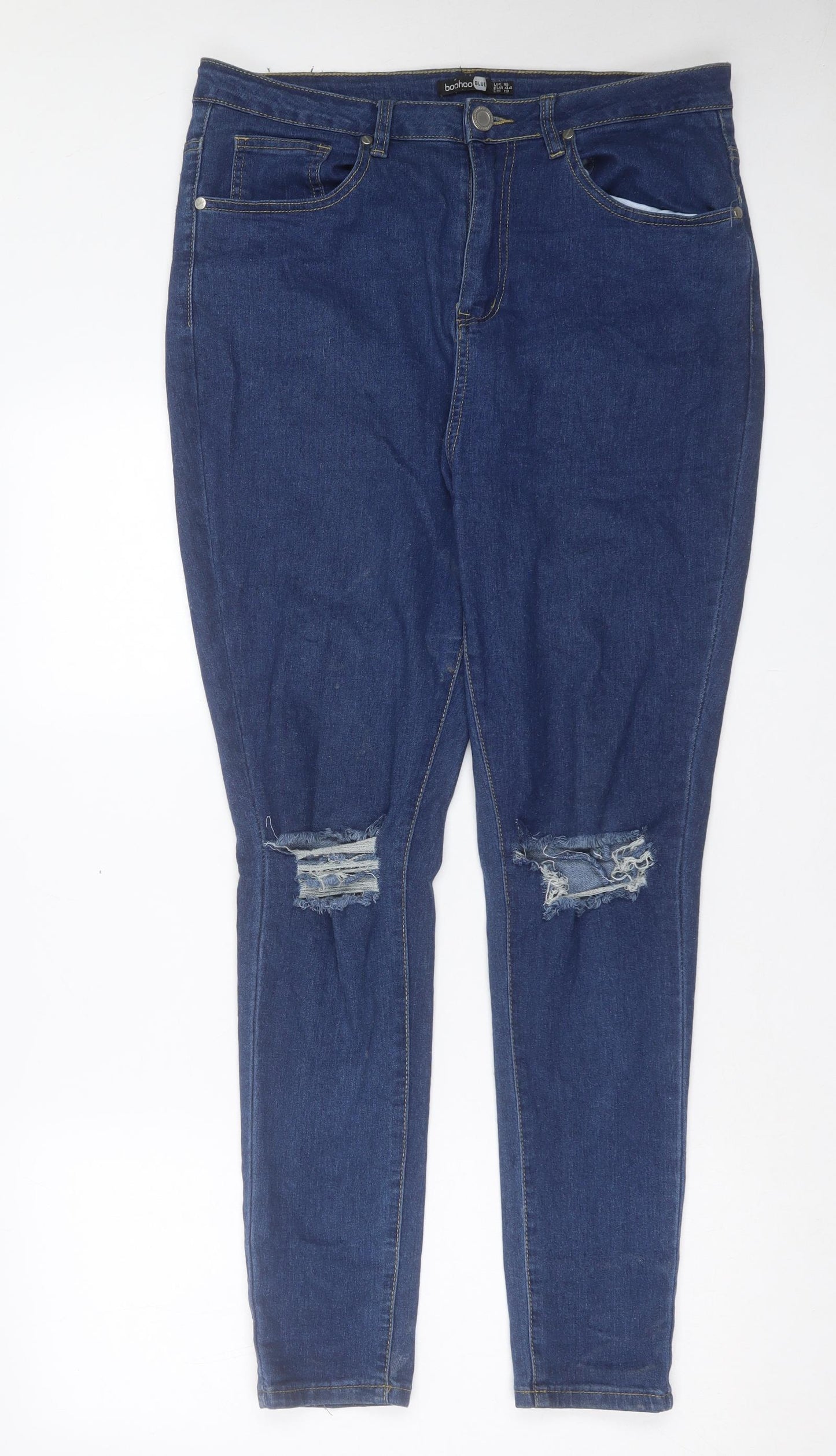 Boohoo Womens Blue Cotton Skinny Jeans Size 16 L29 in Regular Button