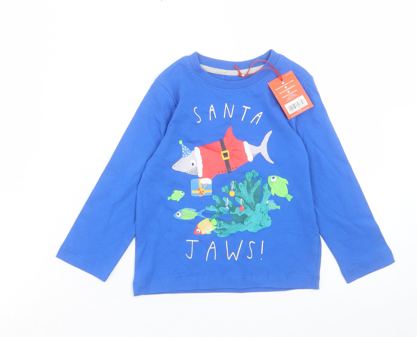 Mini Club Boys Blue Cotton Basic Casual Size 2-3 Years Crew Neck Pullover - Santa Jaws