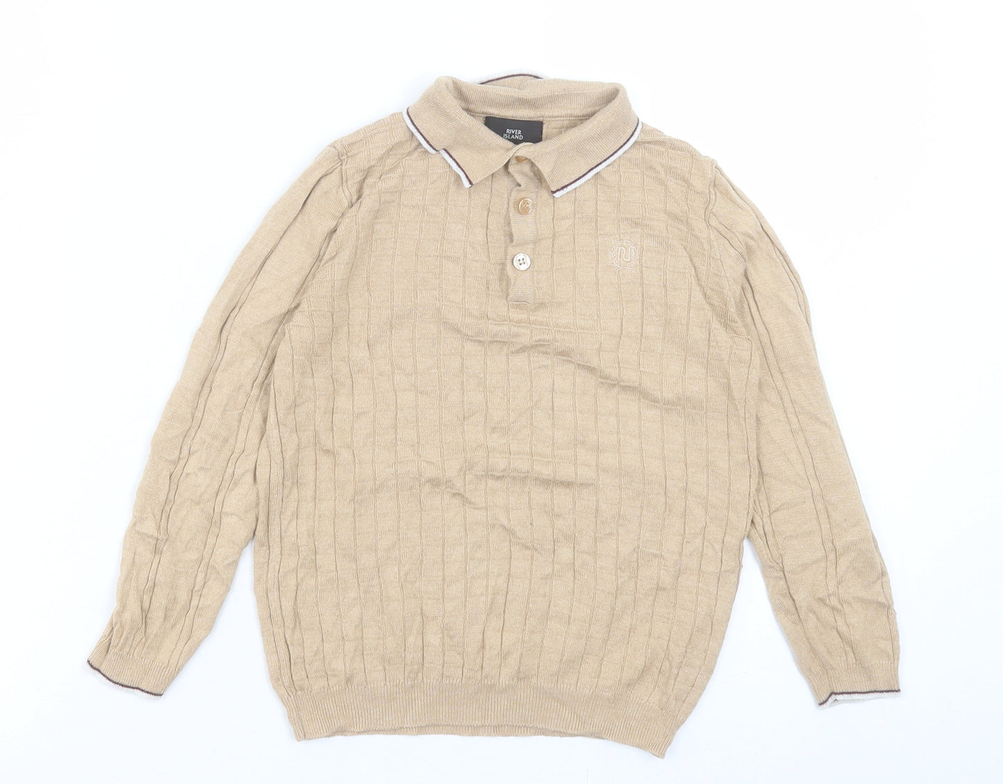 River Island Boys Beige Acrylic Basic Polo Size 5-6 Years Collared Button