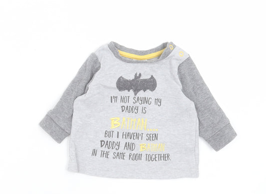 Front view of Matalan boys’ grey cotton basic casual, size 0-3, months crew neck button - batman