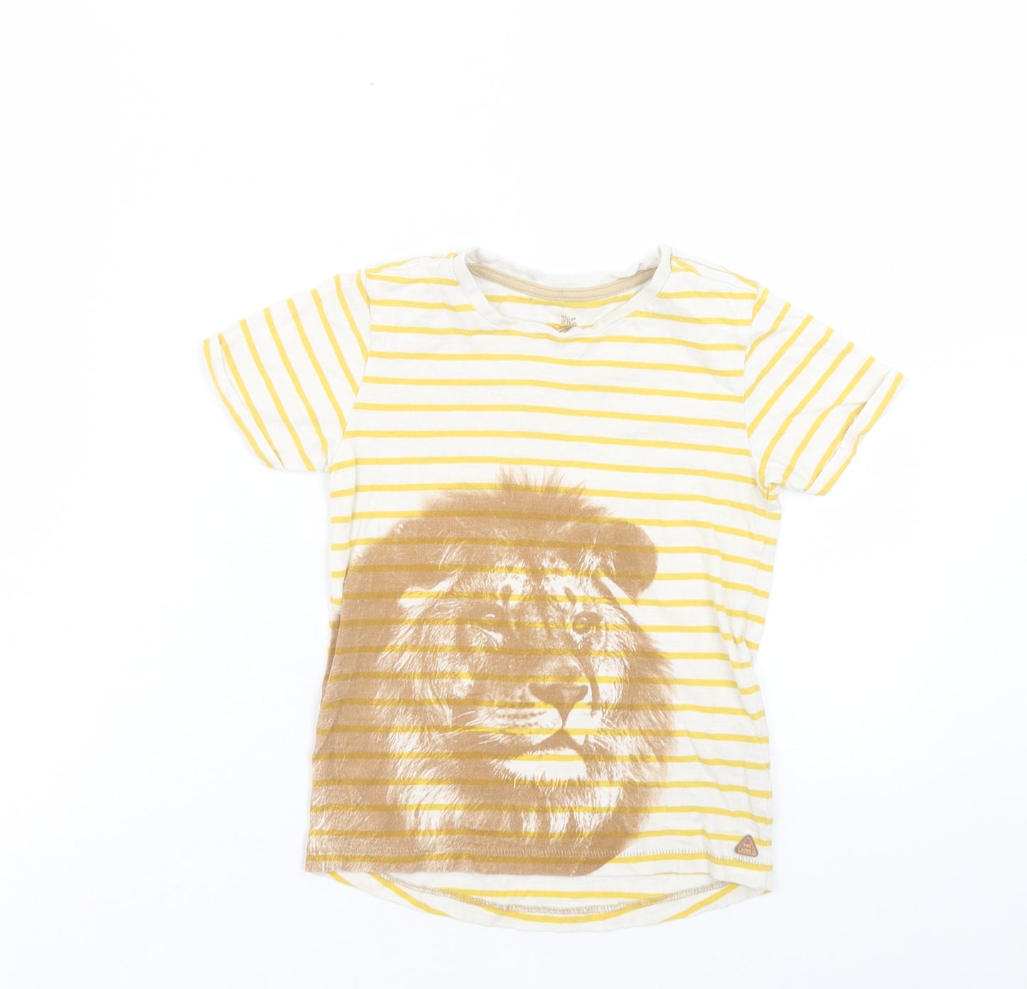 Mothercare Boys Yellow Striped Cotton Basic T-Shirt Size 5-6 Years Crew Neck Pullover - Lion