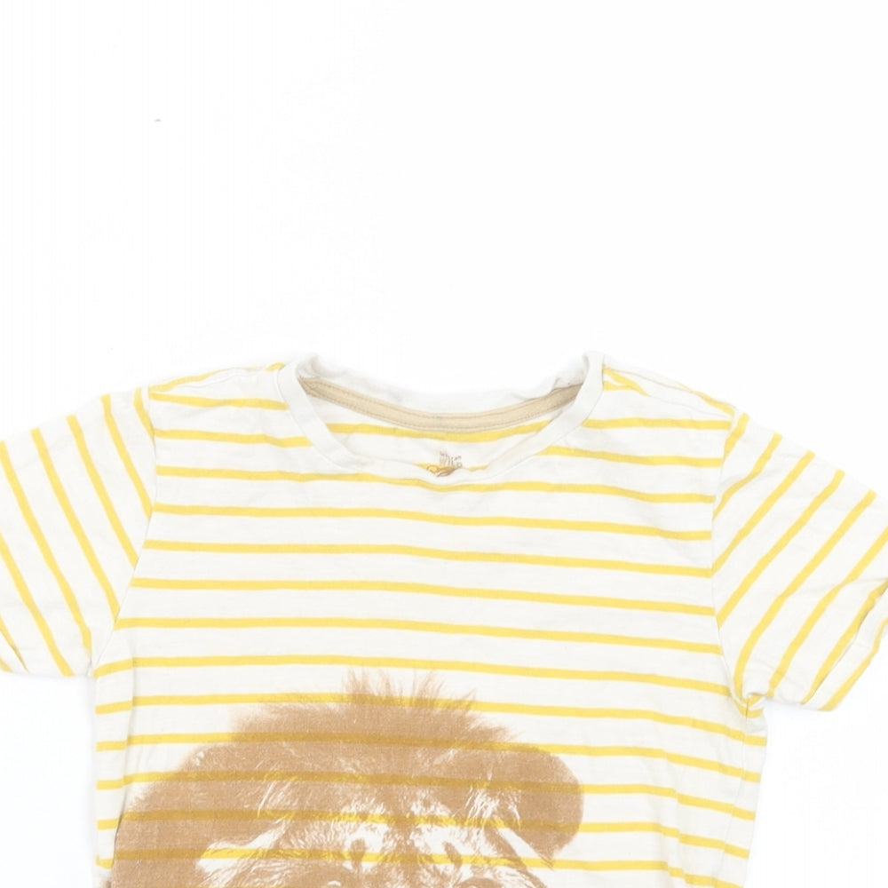 Mothercare Boys Yellow Striped Cotton Basic T-Shirt Size 5-6 Years Crew Neck Pullover - Lion