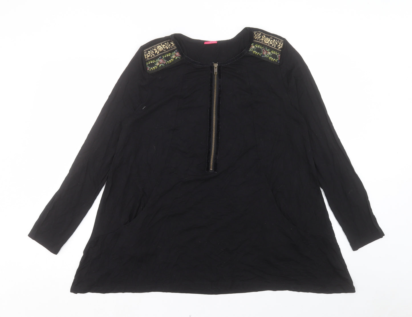 Together Womens Black Viscose Tunic T-Shirt Size 14 Crew Neck