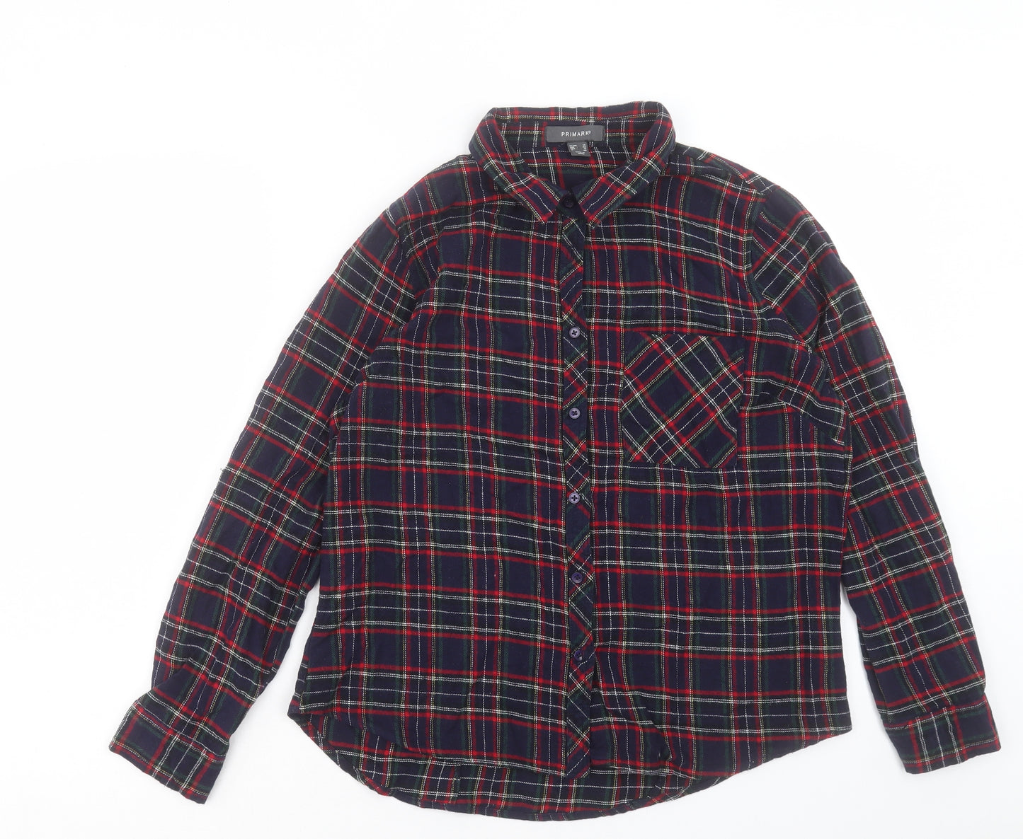 Primark Womens Blue Plaid Cotton Basic Button-Up Size 14 Collared - Pocket Detail