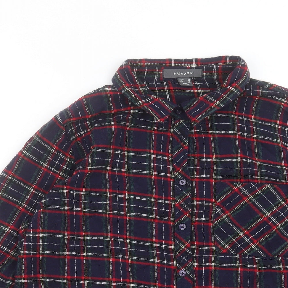 Primark Womens Blue Plaid Cotton Basic Button-Up Size 14 Collared - Pocket Detail