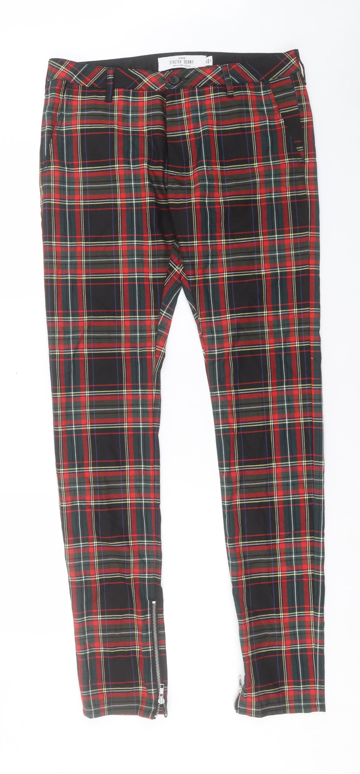 Topman Mens Red Plaid Polyester Trousers Size 34 in L32 in Regular Button