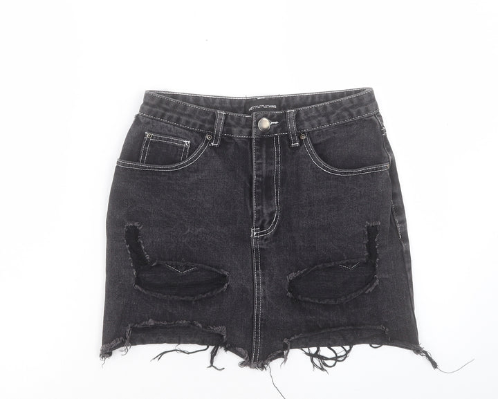PRETTYLITTLETHING Womens Black Cotton A-Line Skirt Size 8 Button