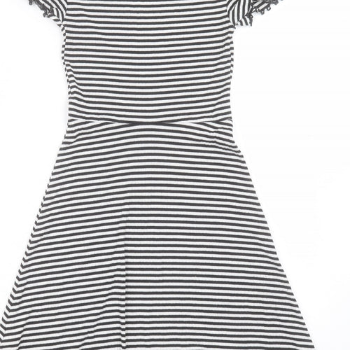 Marks and Spencer Womens White Striped Polyester A-Line Size 6 Crew Neck Pullover - Lettuce Edging