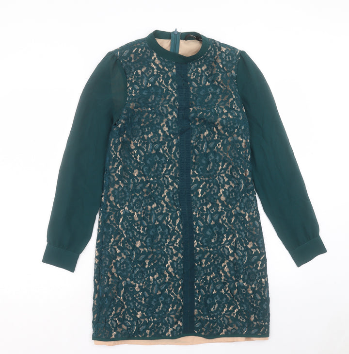 Oasis Womens Green Cotton A-Line Size 8 Crew Neck Zip