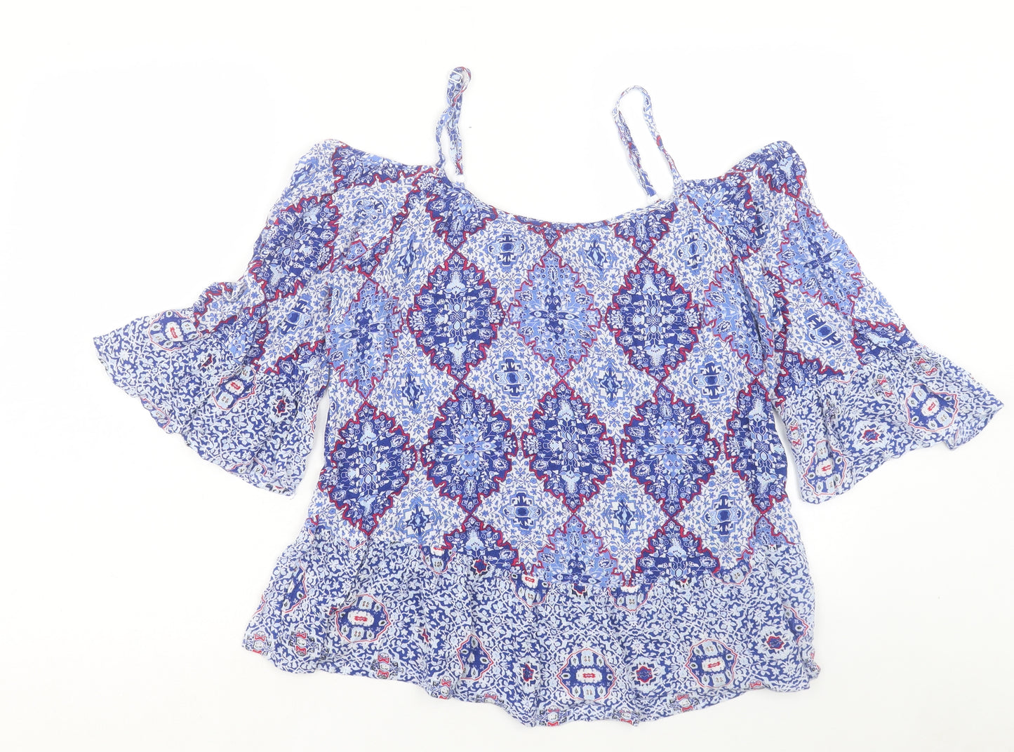 Marks and Spencer Womens Blue Geometric Viscose Basic Blouse Size 16 Off the Shoulder - Cold Shoulder