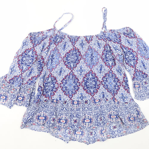 Marks and Spencer Womens Blue Geometric Viscose Basic Blouse Size 16 Off the Shoulder - Cold Shoulder