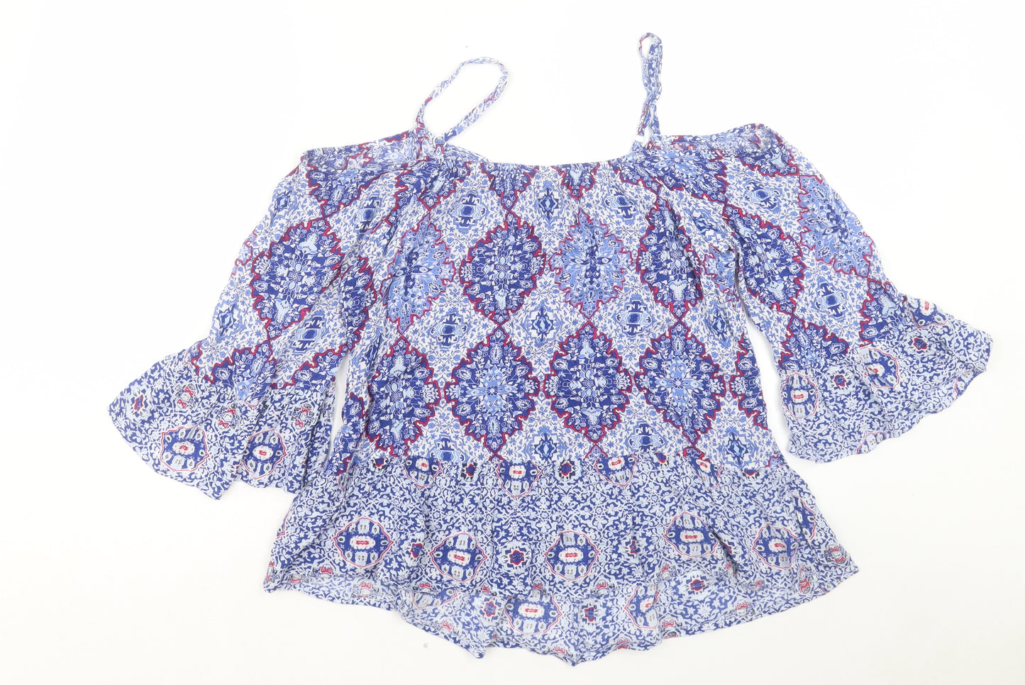 Marks and Spencer Womens Blue Geometric Viscose Basic Blouse Size 16 Off the Shoulder - Cold Shoulder