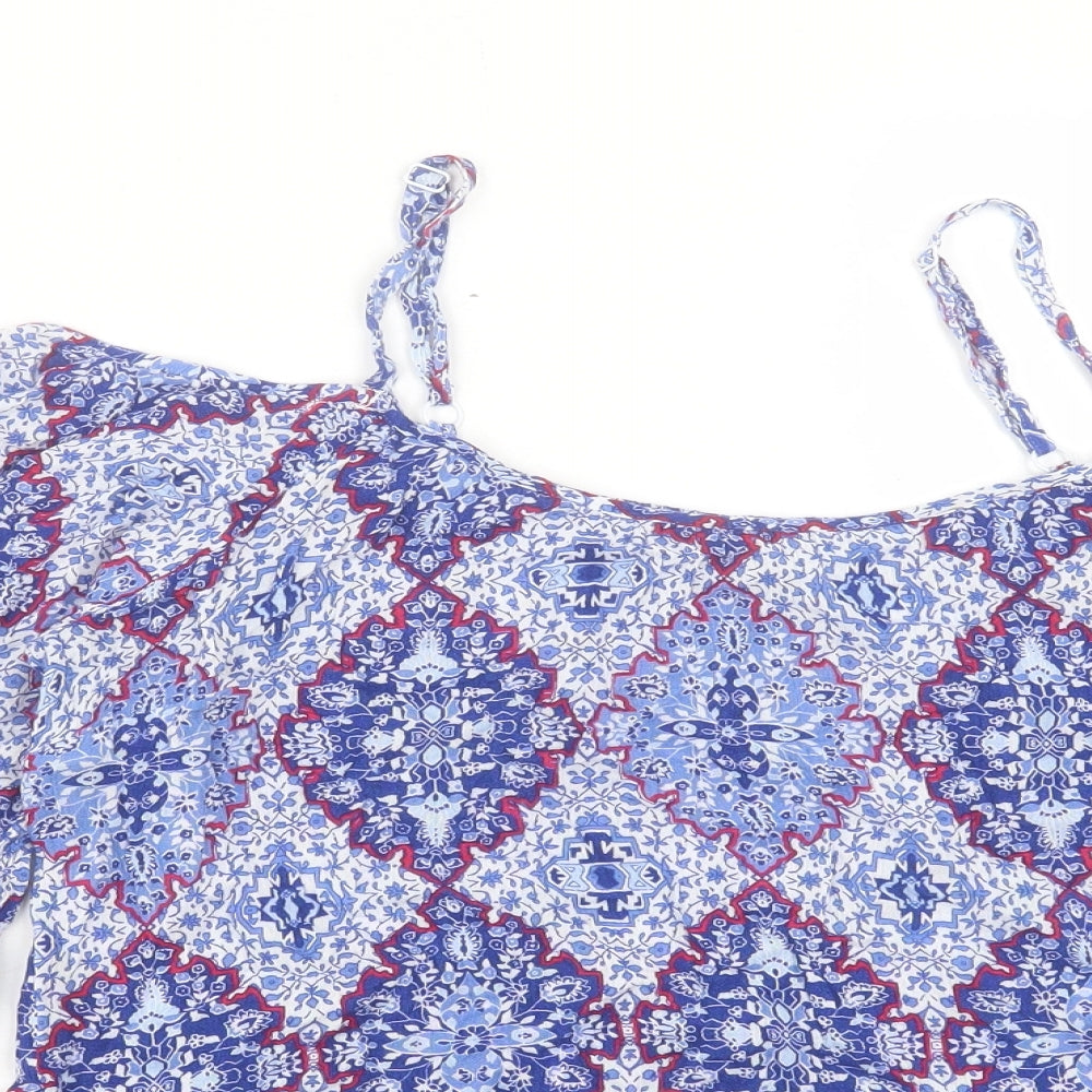 Marks and Spencer Womens Blue Geometric Viscose Basic Blouse Size 16 Off the Shoulder - Cold Shoulder