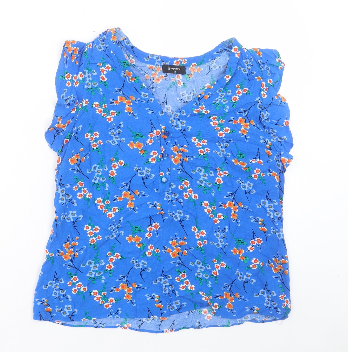 Papaya Womens Blue Floral Viscose Basic T-Shirt Size 12 V-Neck