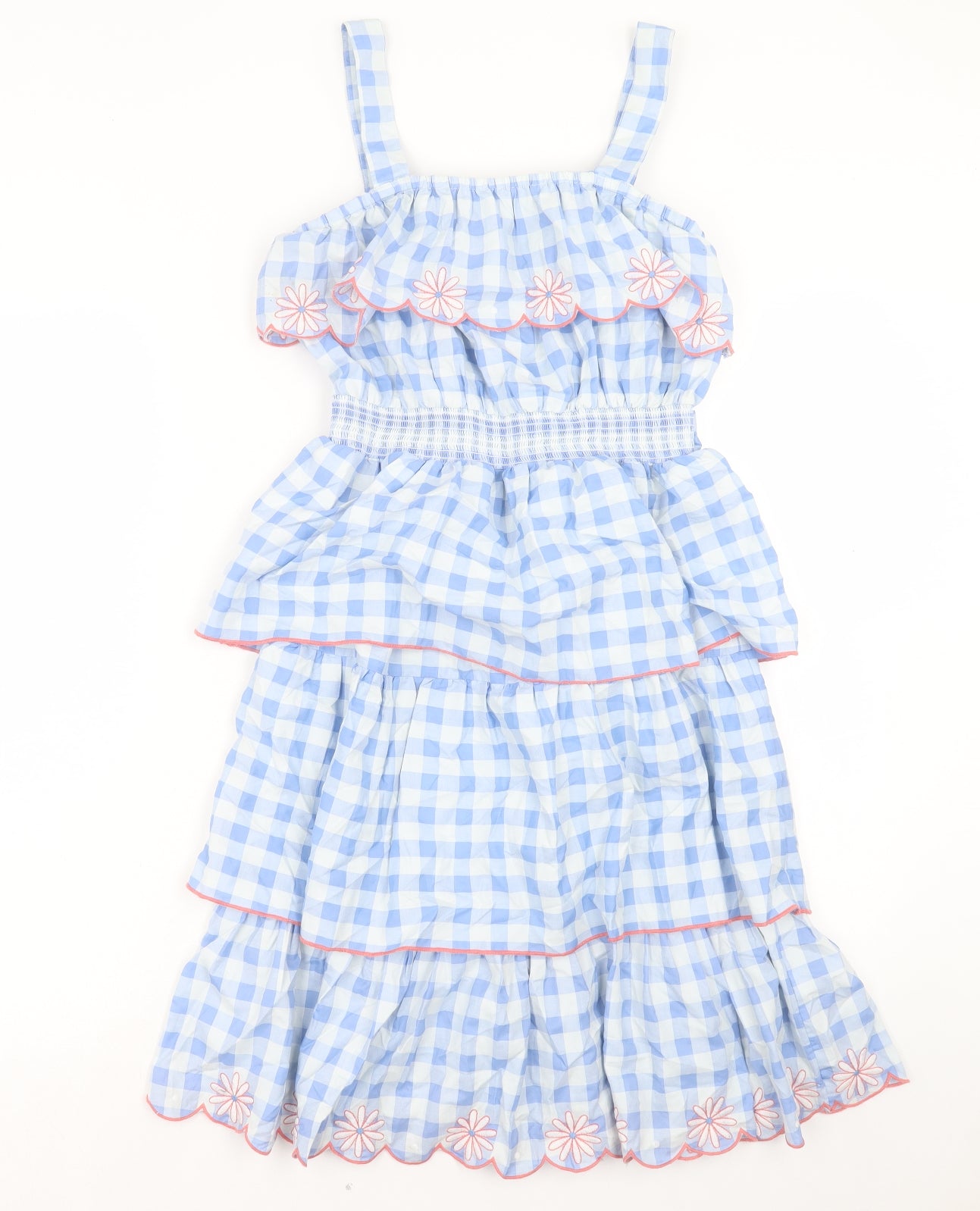 Monsoon Girls Blue Check Cotton A-Line Size 12-13 Years Square Neck Pullover