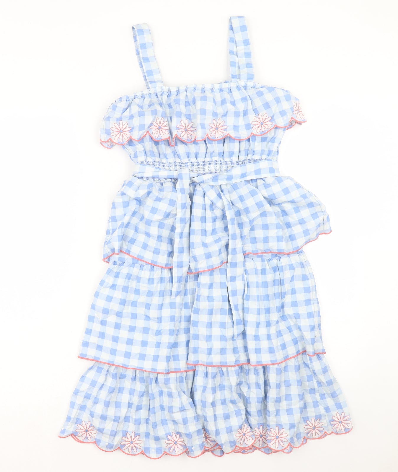 Monsoon Girls Blue Check Cotton A-Line Size 12-13 Years Square Neck Pullover