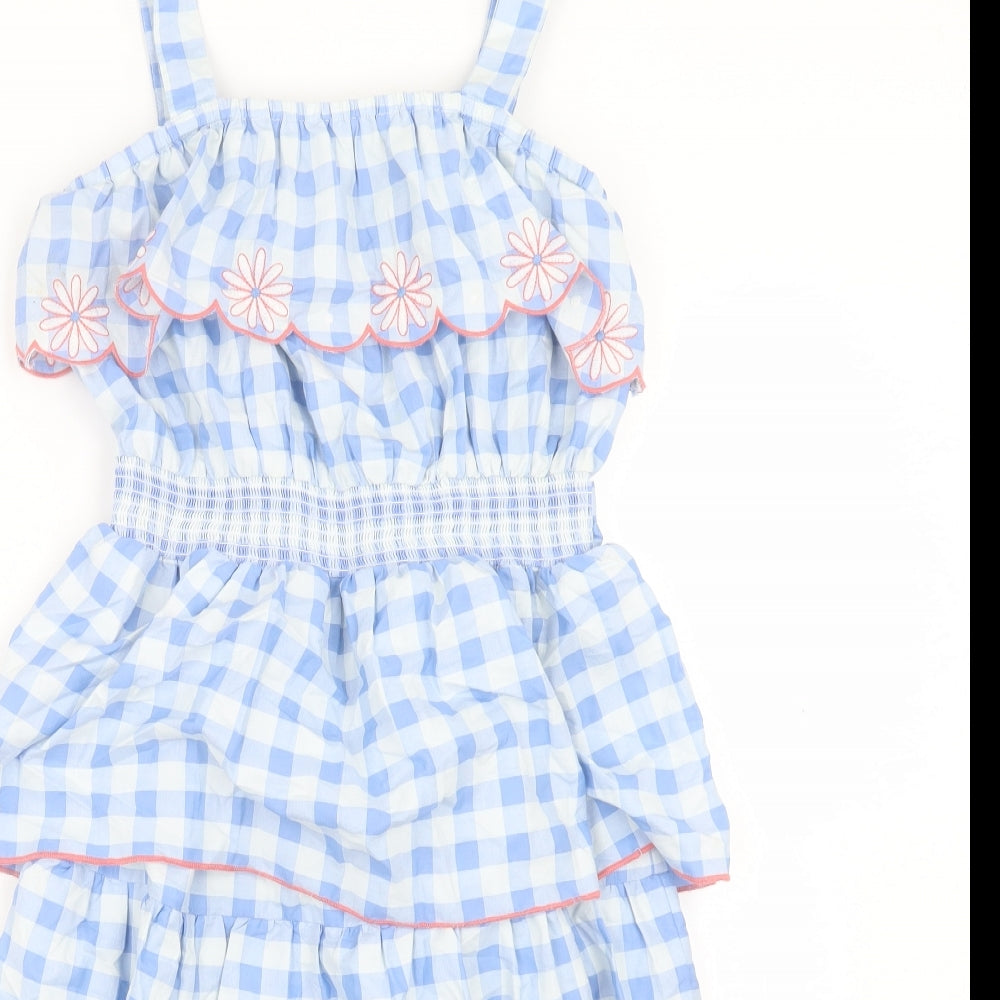Monsoon Girls Blue Check Cotton A-Line Size 12-13 Years Square Neck Pullover