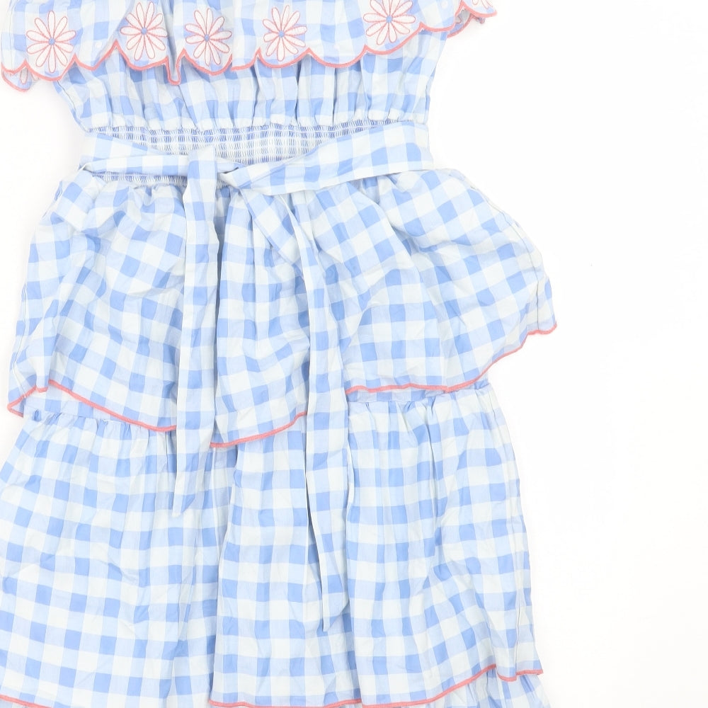 Monsoon Girls Blue Check Cotton A-Line Size 12-13 Years Square Neck Pullover