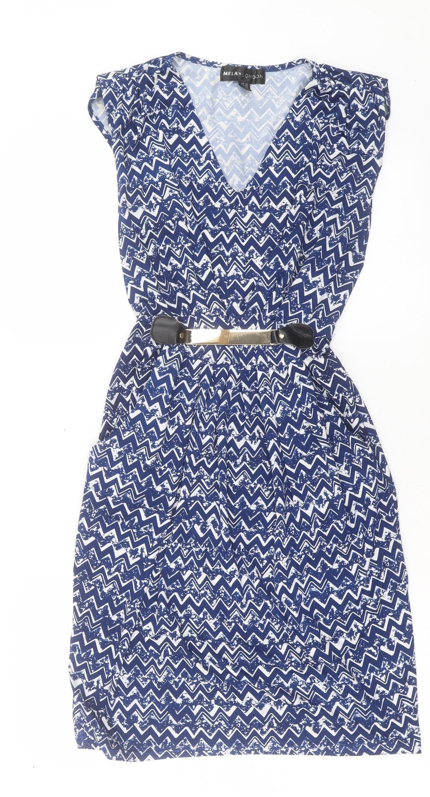 Mela London Womens Blue Geometric Viscose A-Line Size 10 V-Neck Pullover
