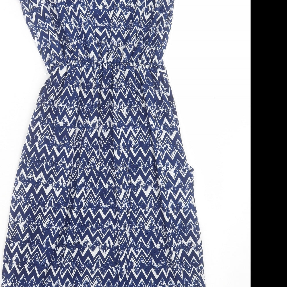 Mela London Womens Blue Geometric Viscose A-Line Size 10 V-Neck Pullover