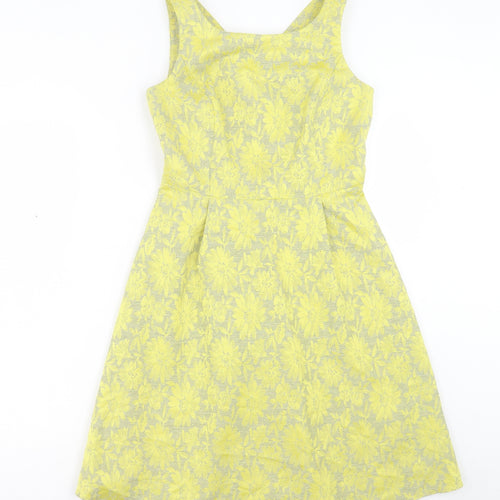 TU Womens Yellow Floral Polyester A-Line Size 8 Scoop Neck Zip