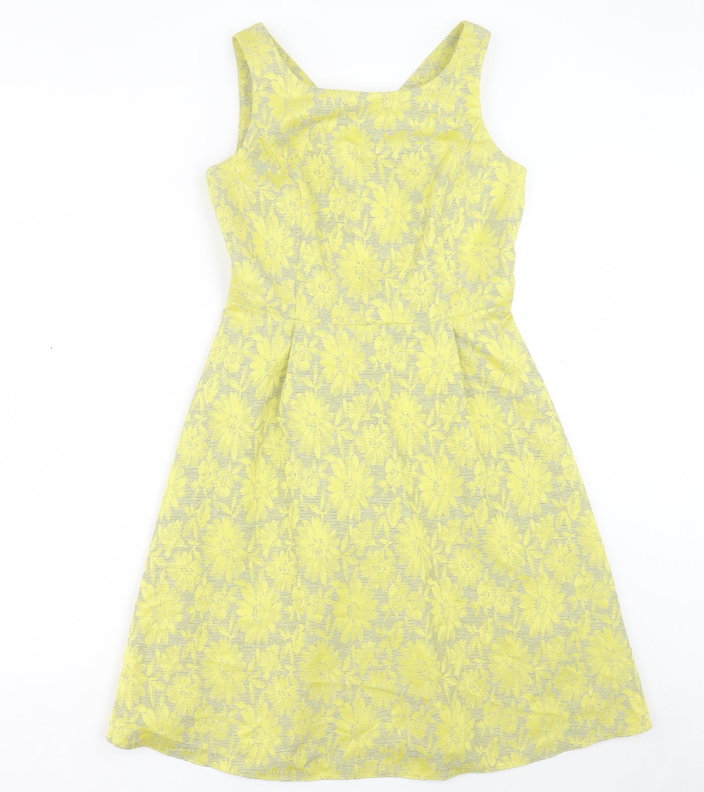 TU Womens Yellow Floral Polyester A-Line Size 8 Scoop Neck Zip