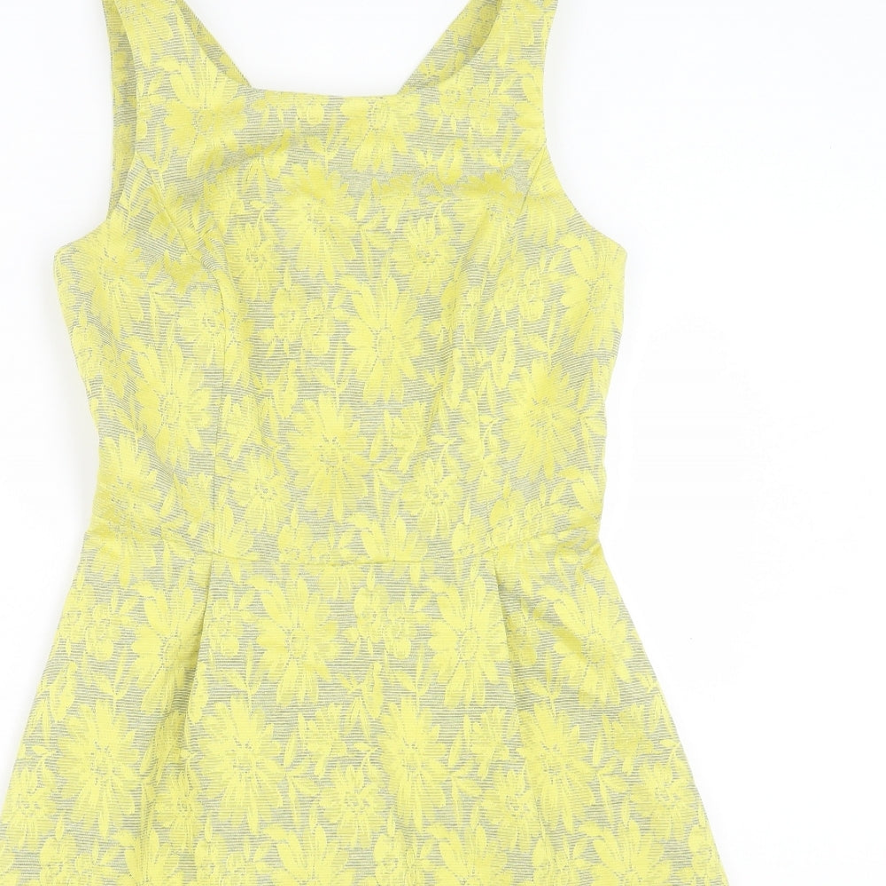 TU Womens Yellow Floral Polyester A-Line Size 8 Scoop Neck Zip