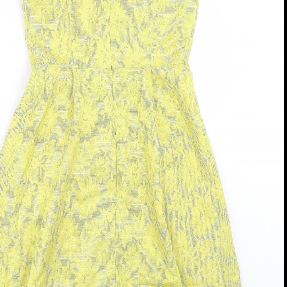 TU Womens Yellow Floral Polyester A-Line Size 8 Scoop Neck Zip