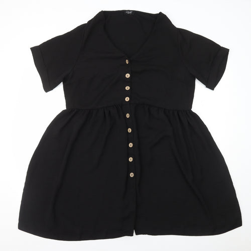 New Look Womens Black Polyester Skater Dress Size 18 V-Neck Button