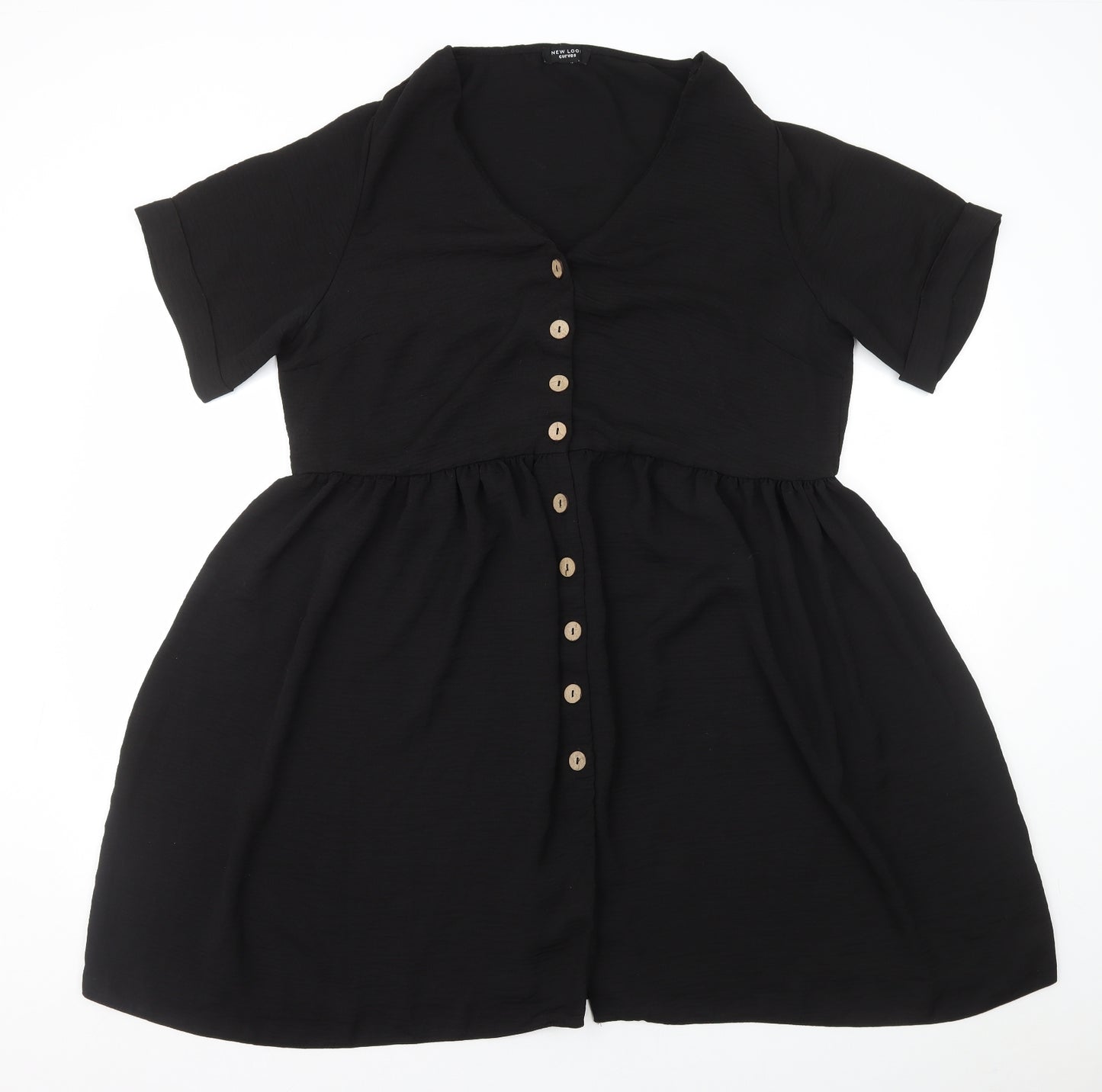 New Look Womens Black Polyester Skater Dress Size 18 V-Neck Button