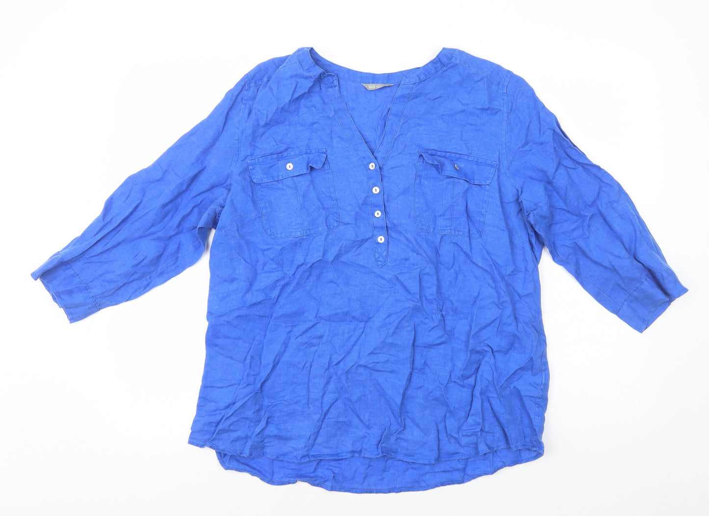 Marks and Spencer Womens Blue Linen Basic T-Shirt Size 18 V-Neck