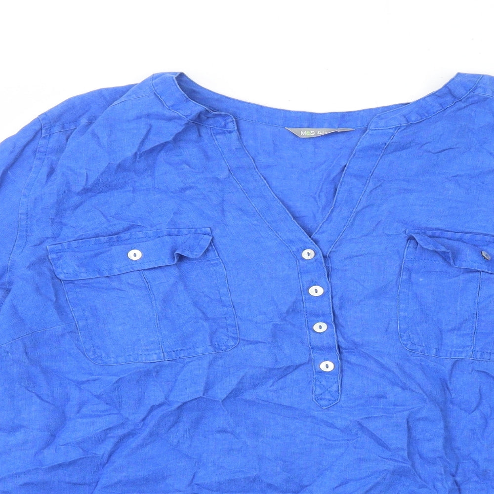 Marks and Spencer Womens Blue Linen Basic T-Shirt Size 18 V-Neck