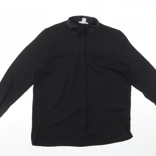 H&M Womens Black Polyester Basic Button-Up Size 8 Collared