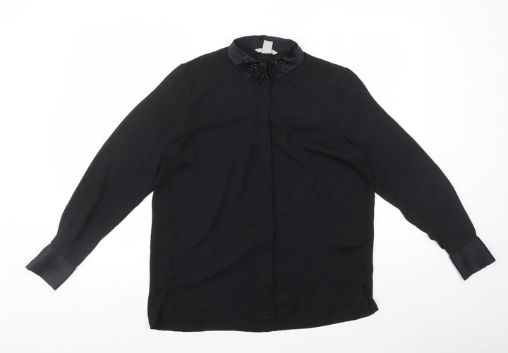 H&M Womens Black Polyester Basic Button-Up Size 8 Collared