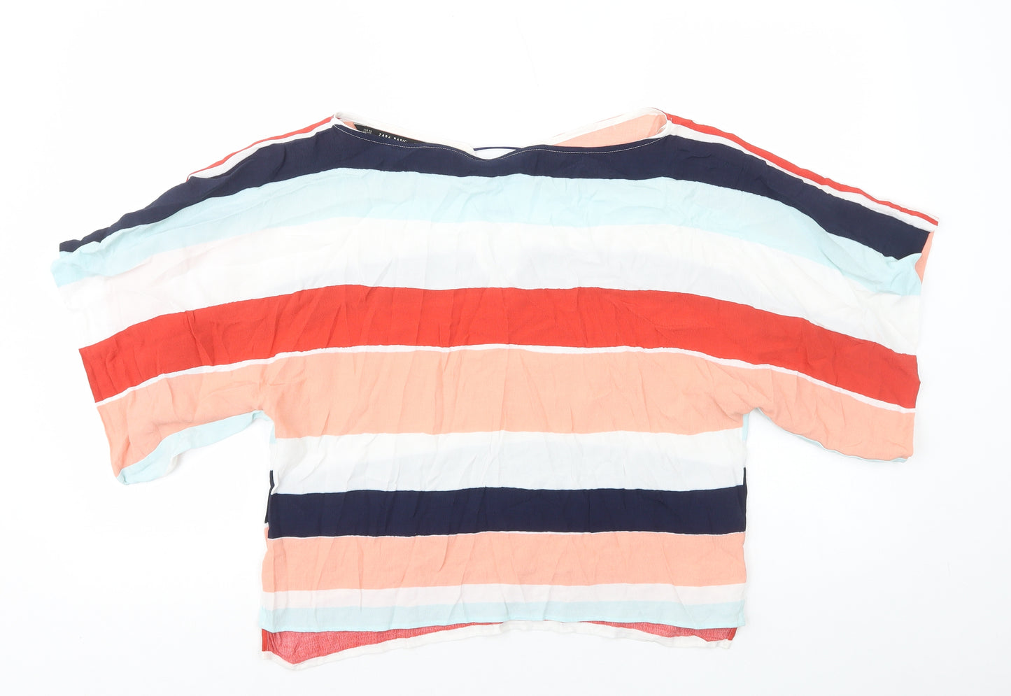 Zara Womens Multicoloured Striped Viscose Basic T-Shirt Size XS Boat Neck