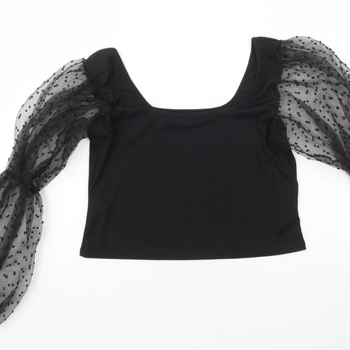 Cameo Rose Womens Black Polyester Cropped Blouse Size 16 Square Neck - Organza Sleeves