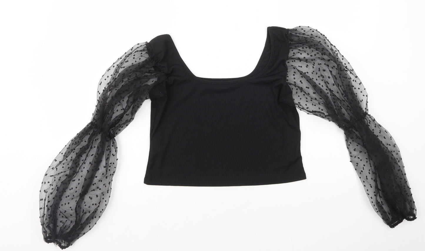 Cameo Rose Womens Black Polyester Cropped Blouse Size 16 Square Neck - Organza Sleeves
