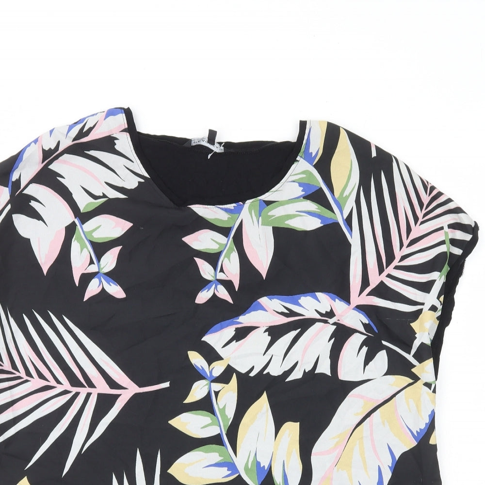 Peacocks Womens Black Floral Polyester Basic T-Shirt Size 18 Round Neck