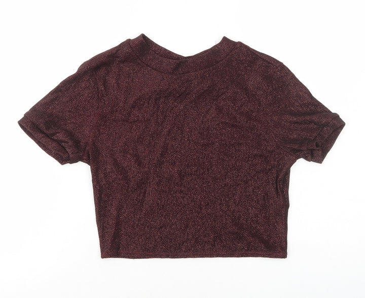 Topshop Womens Red Viscose Cropped T-Shirt Size 10 Mock Neck