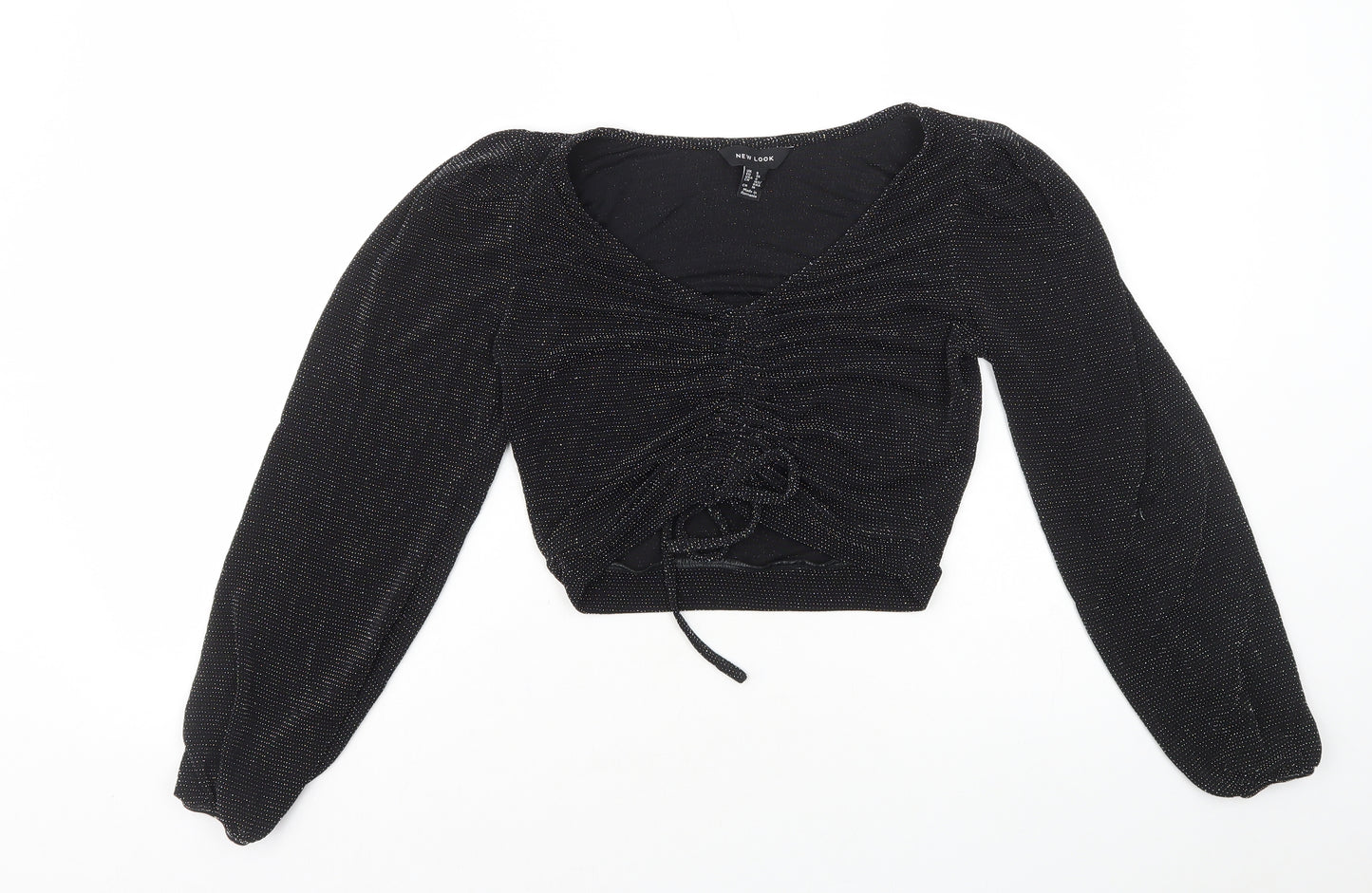 New Look Womens Black Nylon Cropped T-Shirt Size 8 V-Neck - Ruched V-Neck