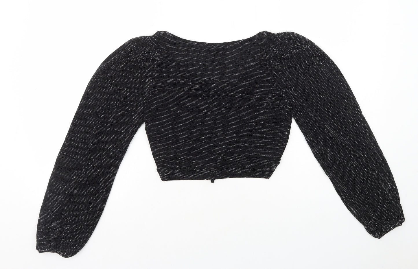 New Look Womens Black Nylon Cropped T-Shirt Size 8 V-Neck - Ruched V-Neck