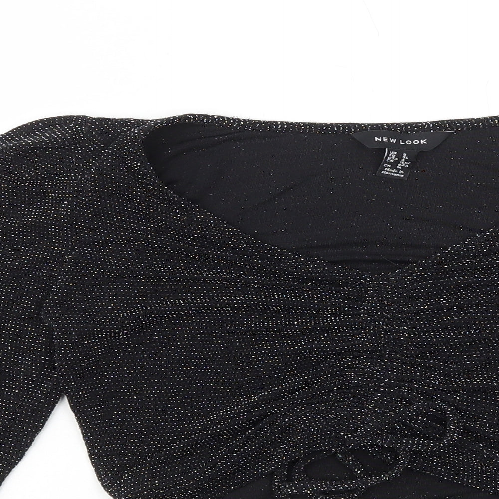New Look Womens Black Nylon Cropped T-Shirt Size 8 V-Neck - Ruched V-Neck