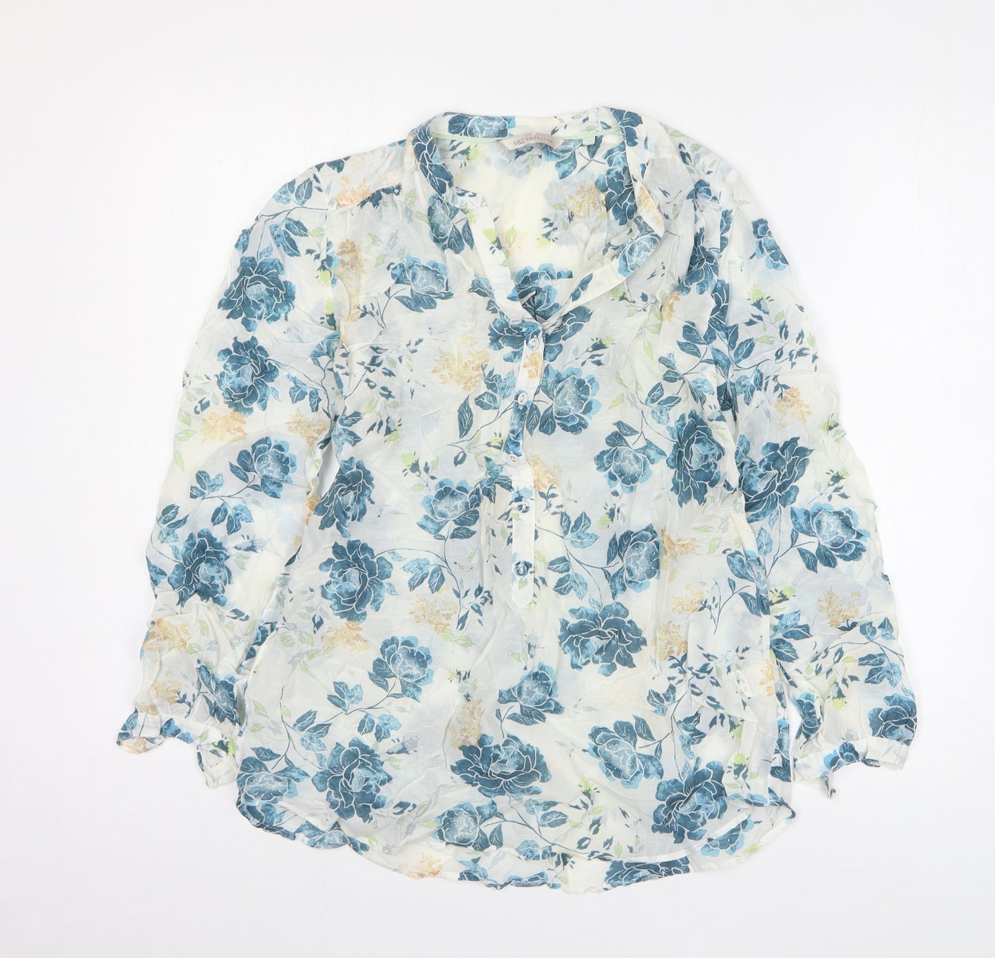 Marks and Spencer Womens White Floral Cotton Basic Button-Up Size 10 V-Neck