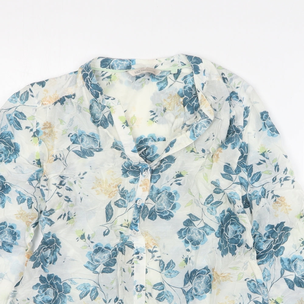 Marks and Spencer Womens White Floral Cotton Basic Button-Up Size 10 V-Neck