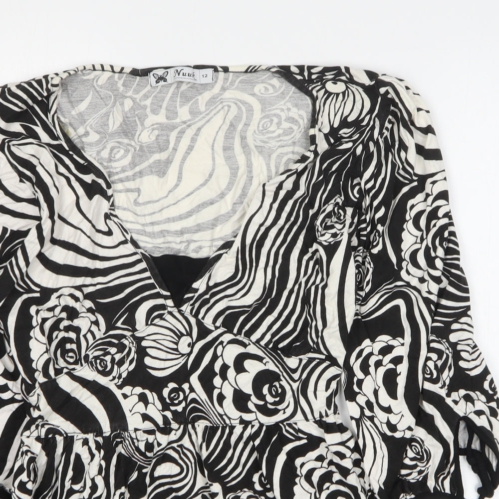 Nuuk Womens Black Floral Viscose Mini Size 12 V-Neck Pullover