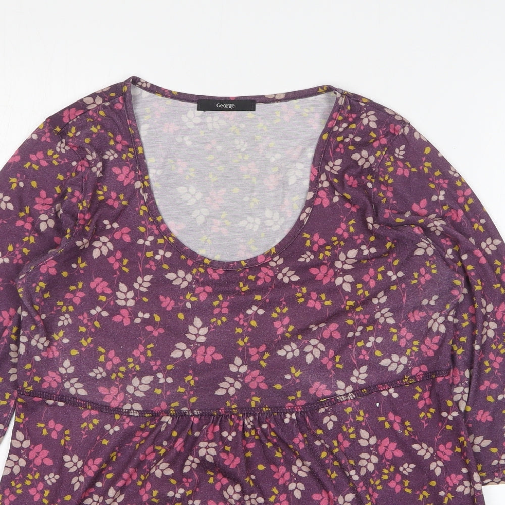 George Womens Purple Floral Polyester Basic T-Shirt Size 12 Scoop Neck