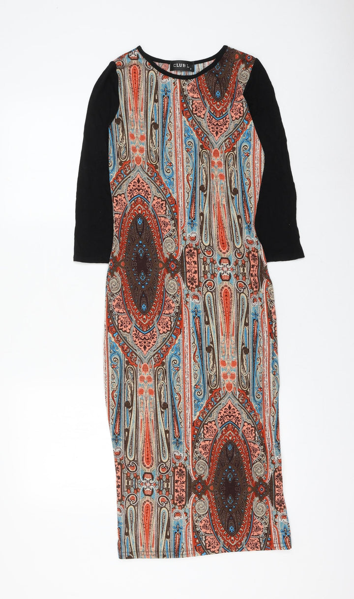 Club L Womens Multicoloured Geometric Polyester Pencil Dress Size 8 Round Neck Pullover