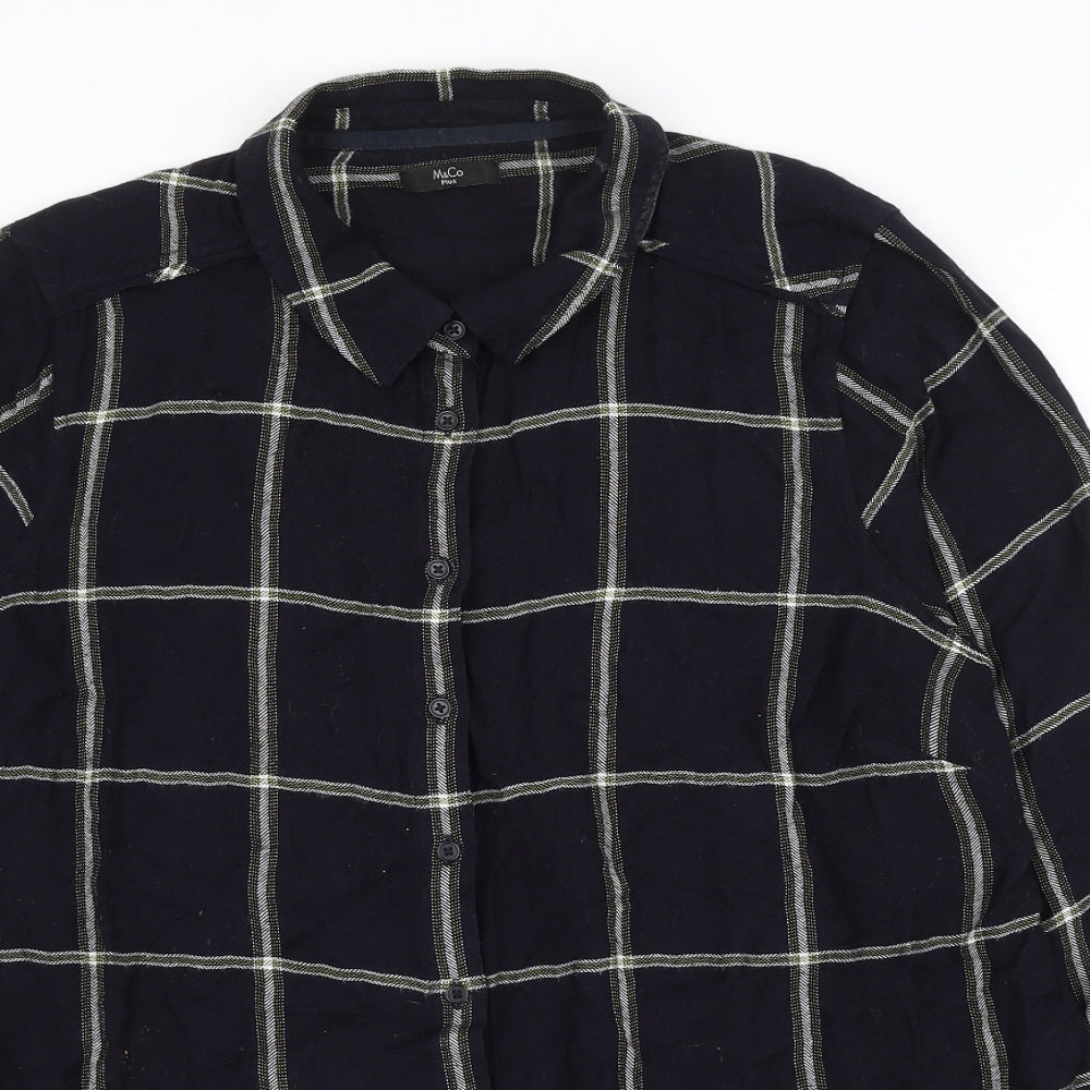 M&Co Womens Blue Check Viscose Basic Button-Up Size 20 Collared