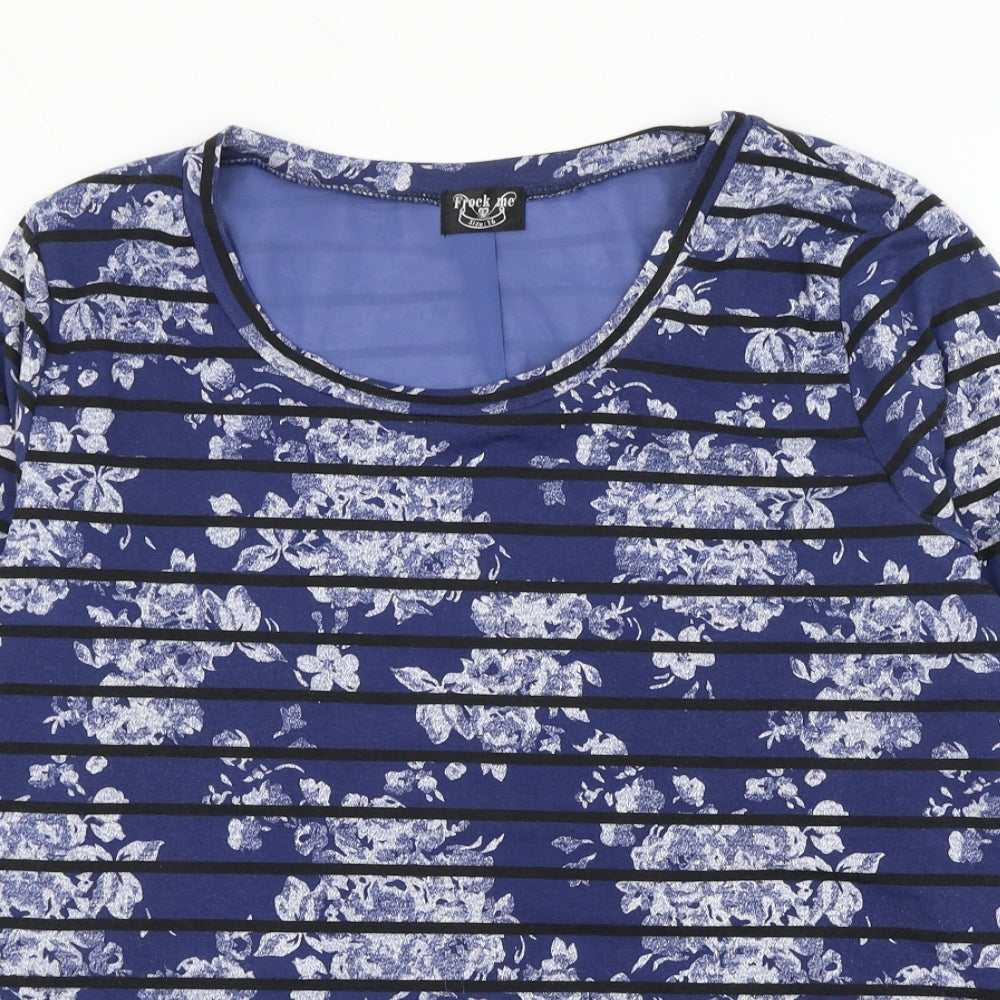 Frock Me Womens Blue Striped Polyester Basic Blouse Size 16 Scoop Neck - Flower