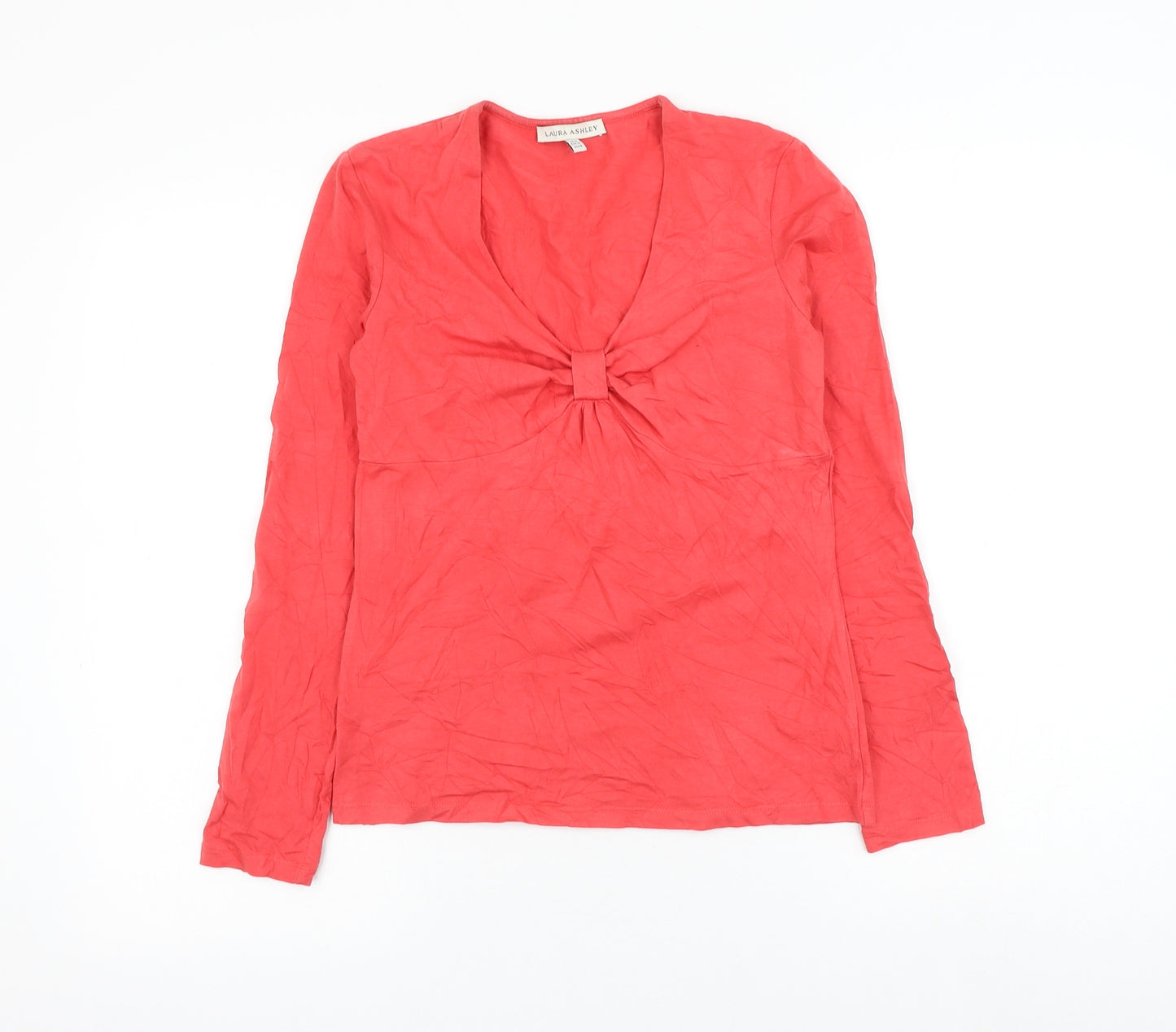 Laura Ashley Womens Red Cotton Basic Blouse Size 10 V-Neck - Knot Detail